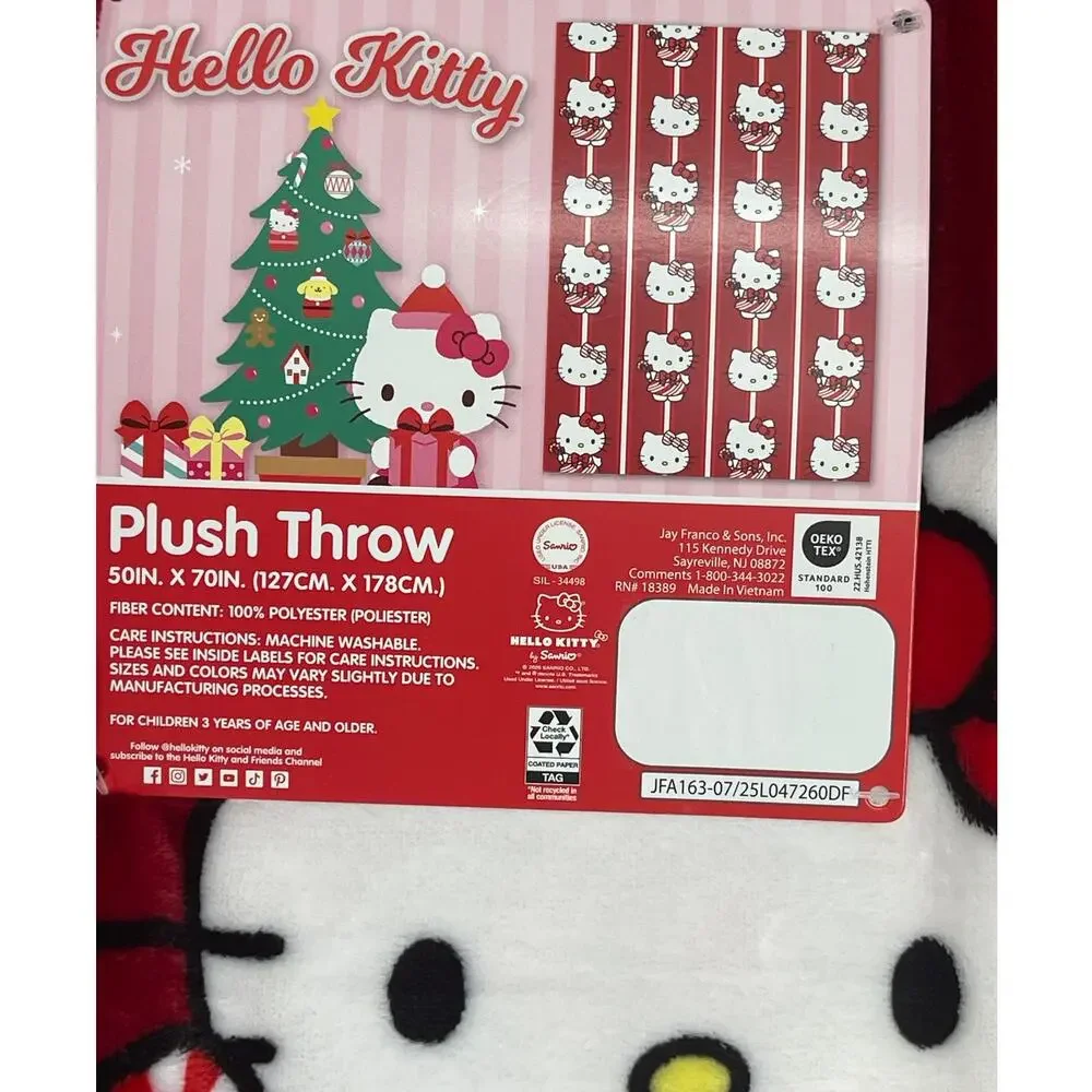 Hello Kitty Holiday Plush Throw Blanket 50 x 70 inches Red Candy Cane NEW